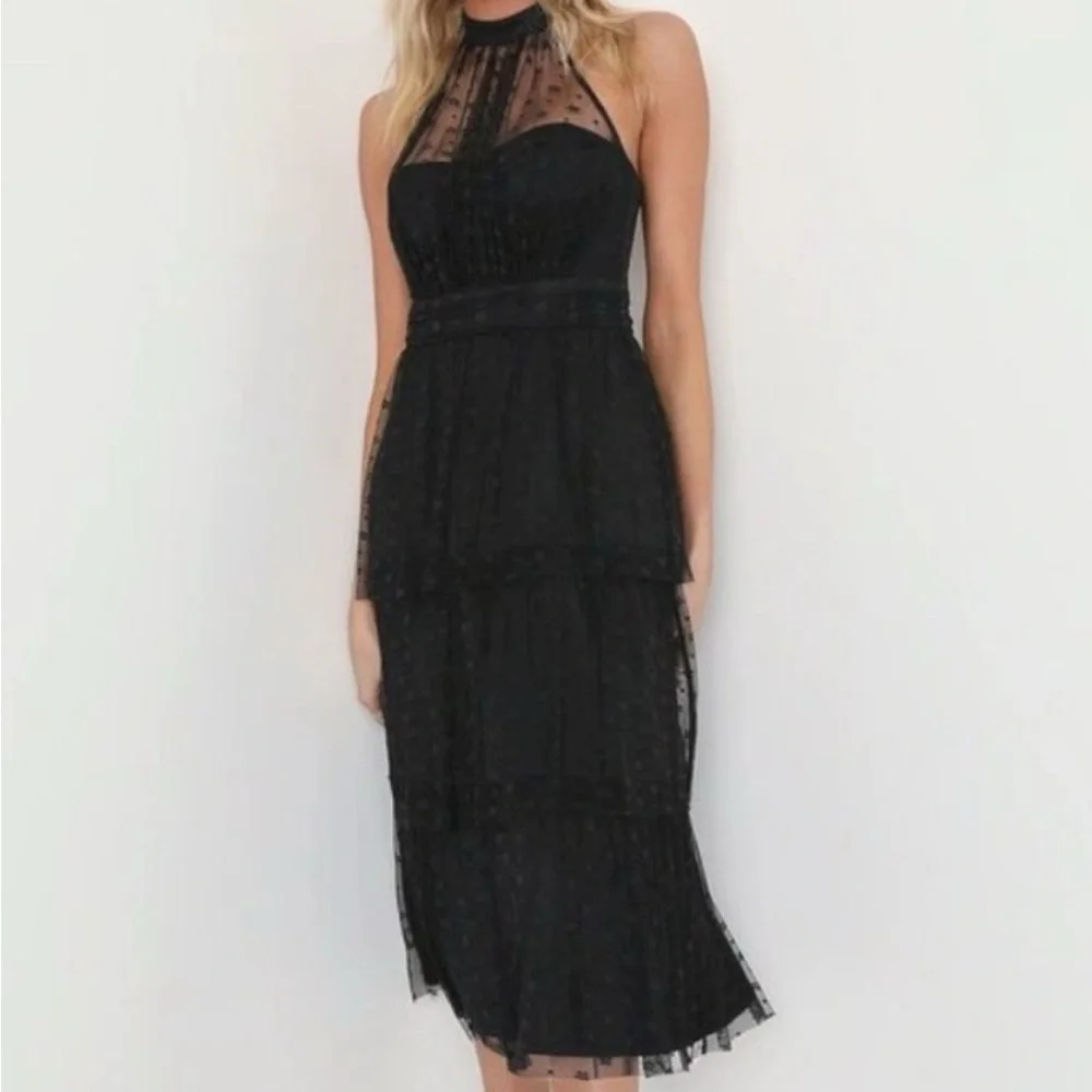 Lulus Positively Precious Black Mesh Halter Midi Dress Size M NWOT - Picture 2 of 11